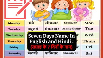 Seven Days Name In English and Hindi : (सप्ताह के 7 दिनों के नाम)